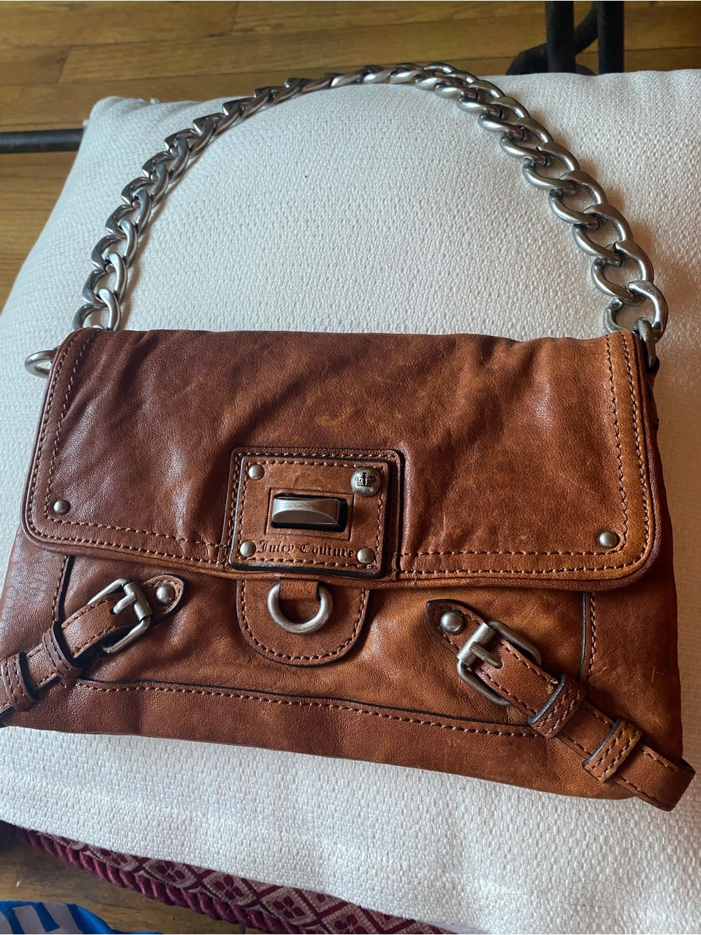 Juicy Couture Tan/Brown Leather Shoulder Bag with Silver Chain